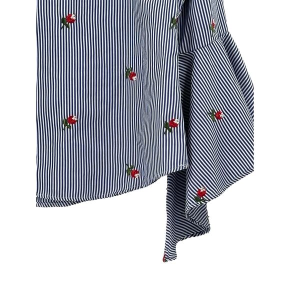 Kontro J Blue & White Stripe Embroidered Flowers Blouse - Medium - Picture 5 of 10